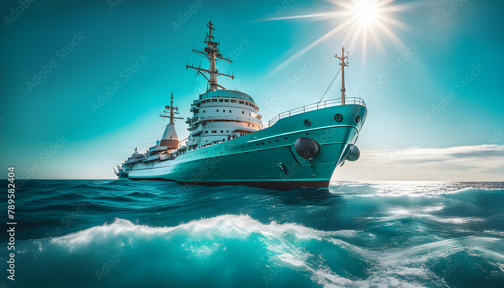 Obraz premium research ship explores, a huge ship with scientific instruments, a bright setting sun, turquoise sea and waves in the background of the ship,