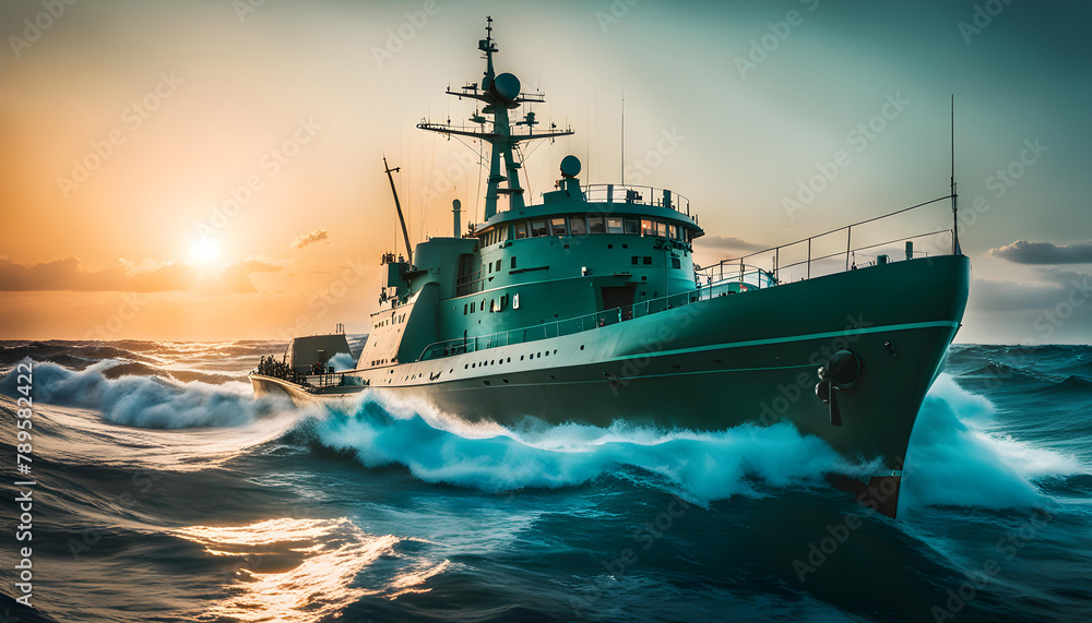 Fototapeta premium research ship explores, a huge ship with scientific instruments, a bright setting sun, turquoise sea and waves in the background of the ship,