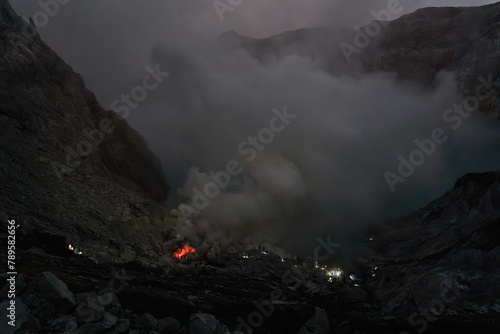 Sulfuric Smoke Rising From a Volcanic Lake at Dusk photo