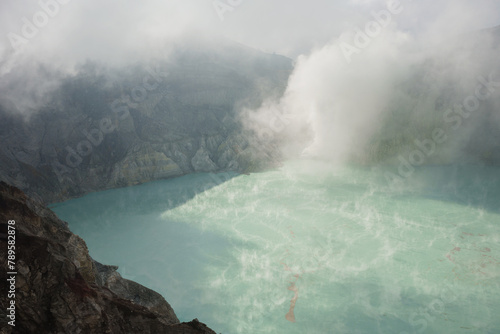 Scenic view of a blue acid lake in volcano's crater photo