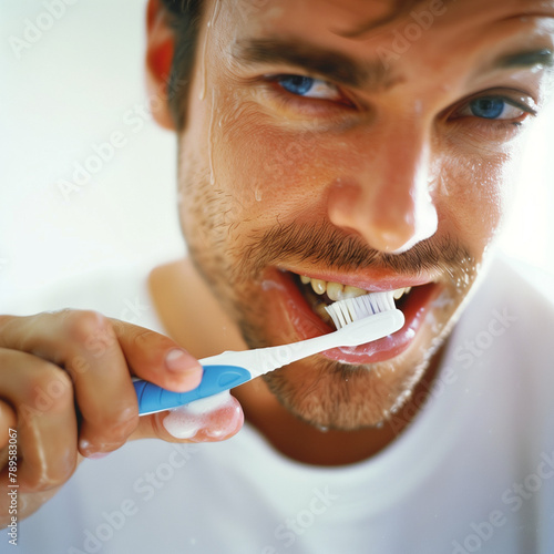 Obraz na płótnie person brushing teeth w salonie