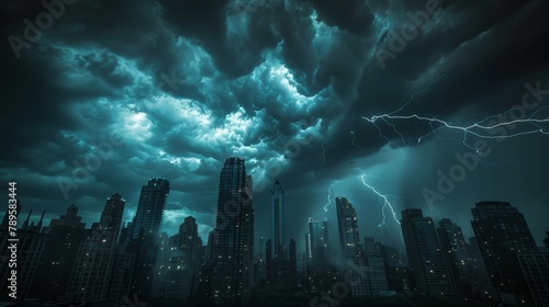 Dramatic Landscapes: A photo of a dramatic cityscape with skyscrapers silhouetted against a stormy sky