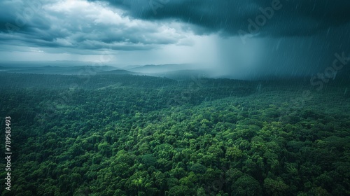 Dramatic Landscapes: A photo of a lush, green forest under a canopy of dark thunderstorm clouds © MAY
