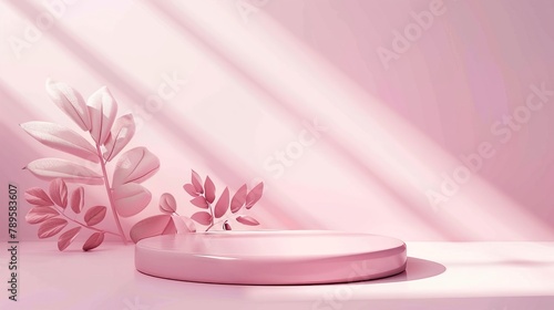Sebuah podium berwarna merah muda yang berada didalam sebuah ruangan minimalis dengan bunga hias disampingnya. Podium tiga dimensi yang berwarna merah muda. photo