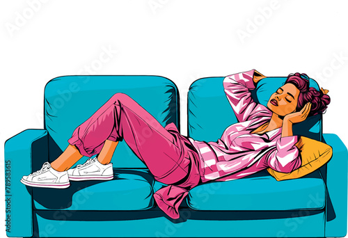 Young woman lying on the sofa with her hand on her face. Refusal of gadgets. No internet addiction. Digital detox. Resting. color image. Vector