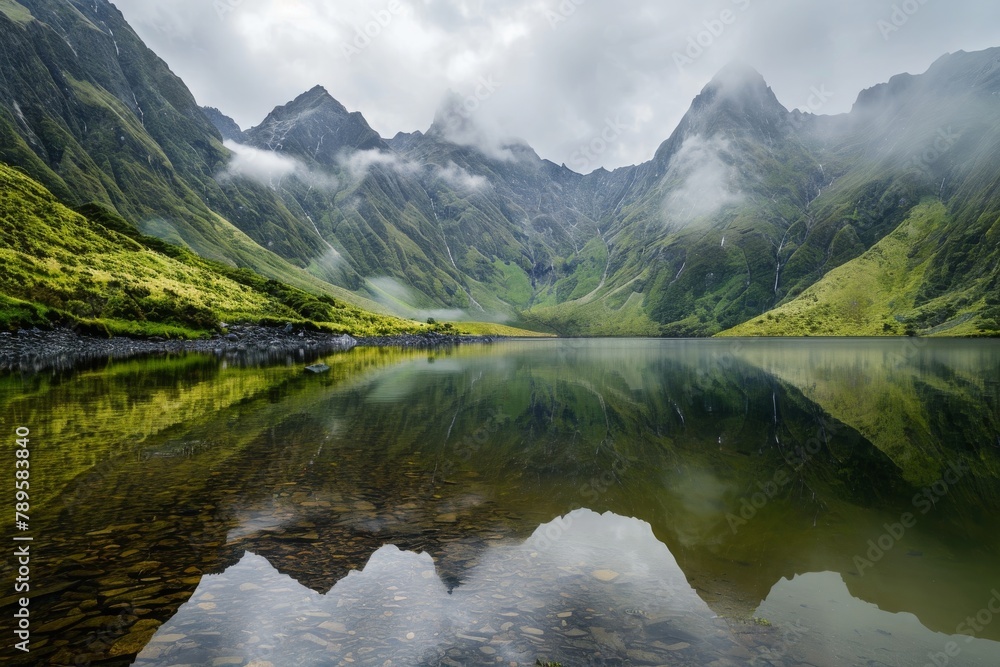 Misty mountain reflections in calm water, evoking a sense of mystery and introspection. Personal viewpoint Misty mountain reflections in calm water, evoking a sense of mystery and introspection. Personal viewpoint