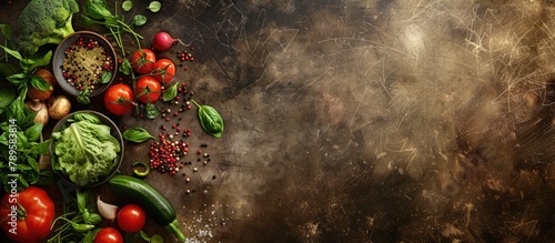 Top view of a vintage background showcasing raw, organic vegetables and fresh ingredients for healthy cooking. Features free text space and conveys a concept of vegan or diet food.