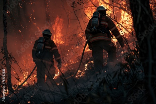 Professional firefighters in protective clothing and helmets extinguish a fire in forest. Firefighters douse the burning forest and save nature. Emergency situation, environmental disaster photo