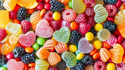 A vibrant and delectable assortment of colorful candies and berries, arranged in a captivating and visually pleasing manner.