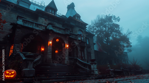 A spooky old mansion with fog rolling in, a single jack o' lantern glowing on the front steps. Ai generated
