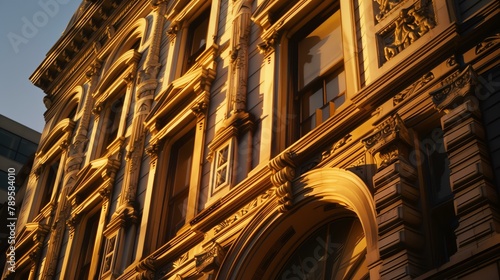 The captivating faÃ§ade of a splendid historic building bathed in the warm evening light, revealing its intricate details highlighted by dramatic shadows. A true architectural masterpiece. photo