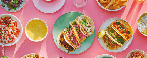 Top down view of a table full of Mexican tacos with lots of side dishes and sauces