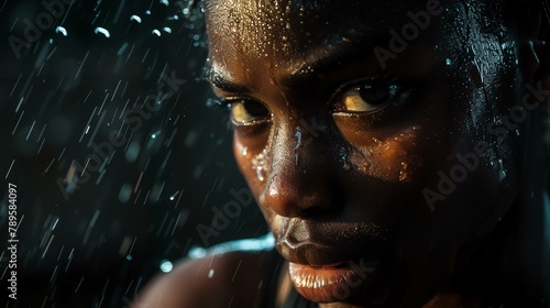 Portrait of a young woman with water on her face. She is looking at the camera with a serious expression. Her skin is glistening in the light. © stocker