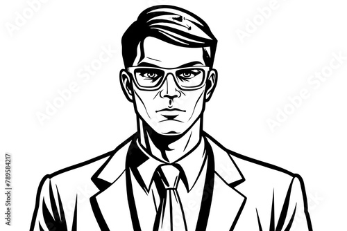 an handsome man wears a blue tie and white shirt and black glass