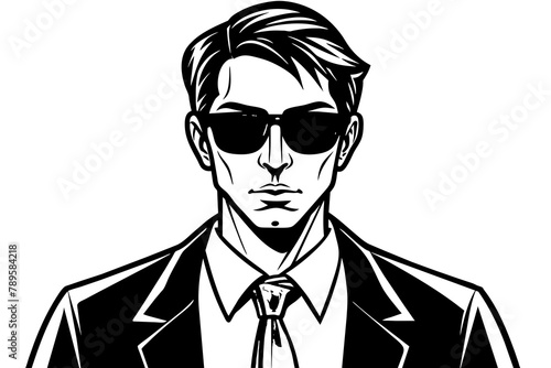 an handsome man wears a blue tie and white shirt and black glass