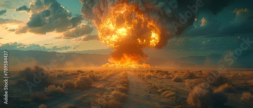Apocalyptic Shockwave: Serene Desolation Meets Fiery Fury. Concept Disaster Photography, Dramatic Scenes, Nature's Wrath, Post-Apocalyptic Landscapes, Surreal Destruction photo