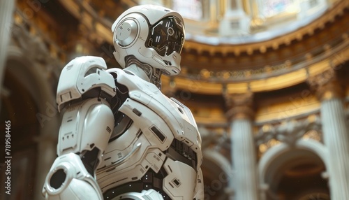 A white robot with black and gold accents stands in a grand hall, looking out over the city. photo