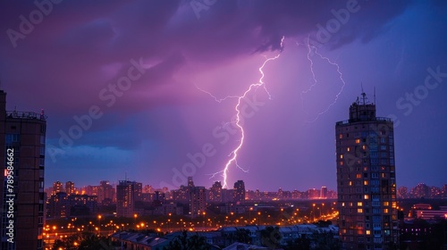 Lightning Strike: A photograph showing a lightning bolt striking a tall building in a city skyline during a thunderstorm