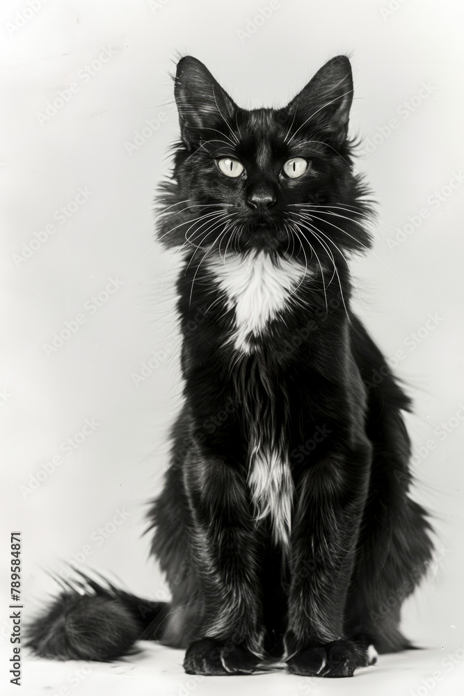 Majestic Black Cat with Intense Gaze on White Background