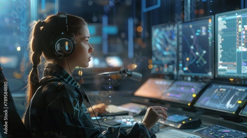 In the System Control Center Woman working in a Technical Support Team Gives Instructions with the Help of the Headsets. Possible Air Traffic  Power Plant  Security Room Theme.