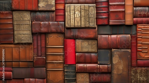 A collection of old books with red, brown, and black covers. The books are arranged in a haphazard manner, creating a sense of visual interest.