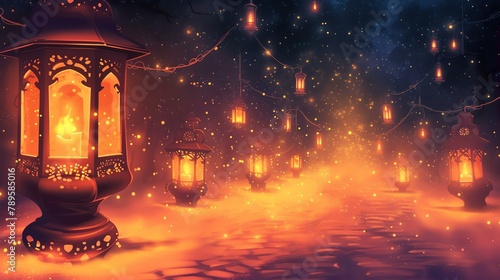 A beautiful and enchanting digital painting of a lantern-lit path in a forest.