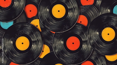 Black and yellow retro vinyl records. Abstract background from old vinyl records.