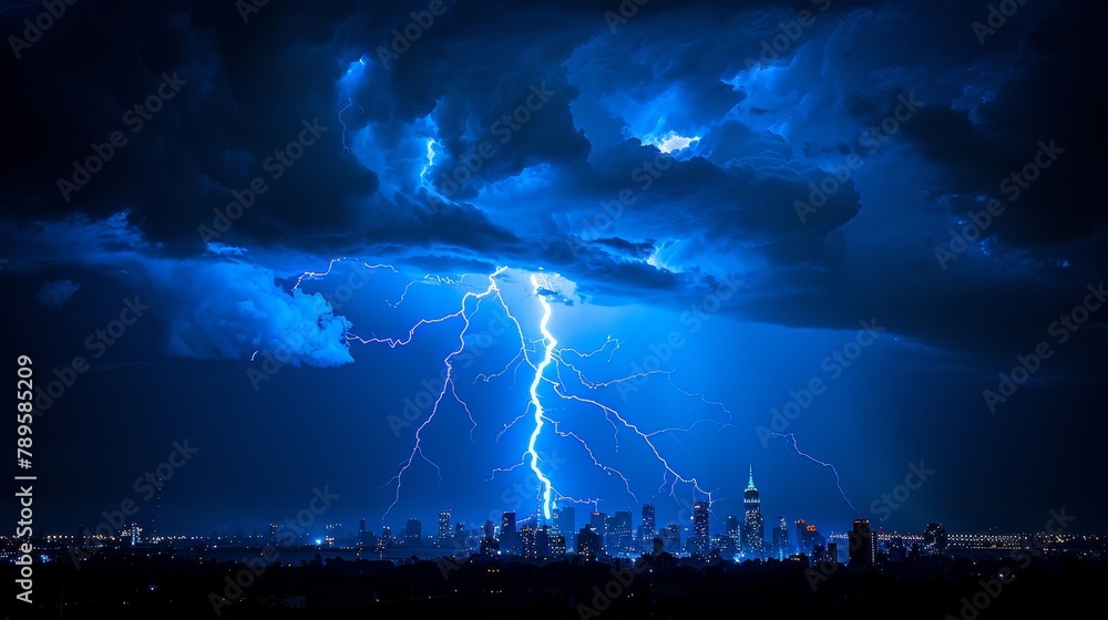 Thunder and Lightning: A photo of lightning illuminating the silhouette of a city skyline at night