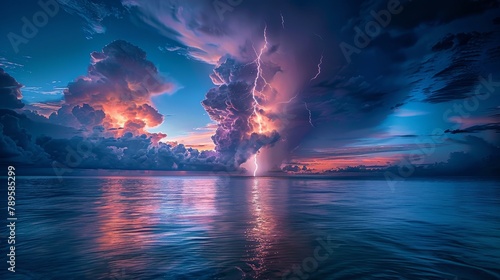 Thunder and Lightning: A photo of lightning striking the ocean, with the bolt reflected in the water