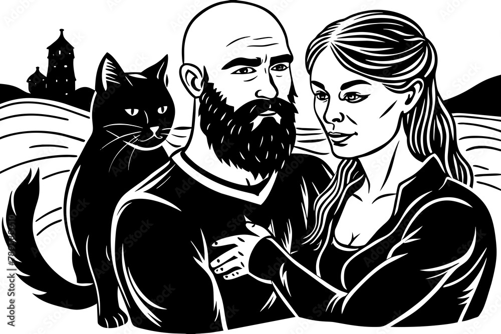 Artem without hair on his head, strong and with a beard, hugs Tanya tightly against the backdrop of an apocalyptic landscape