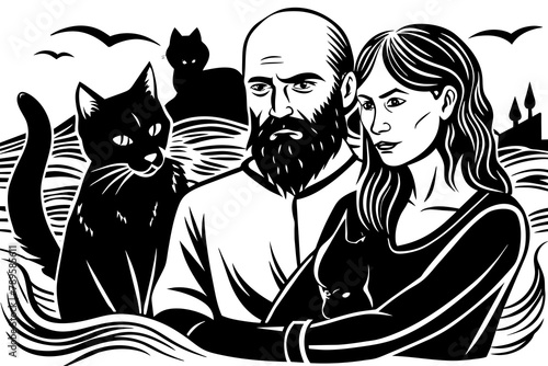 Artem without hair on his head, strong and with a beard, hugs Tanya tightly against the backdrop of an apocalyptic landscape
