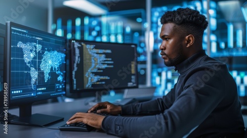 Black Male Office Worker Ensuring Data Privacy on Secure Login Screen in Blurred Office Background