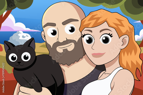 Artem without hair on his head, strong and with a beard, hugs Tanya tightly against the backdrop of an apocalyptic landscape