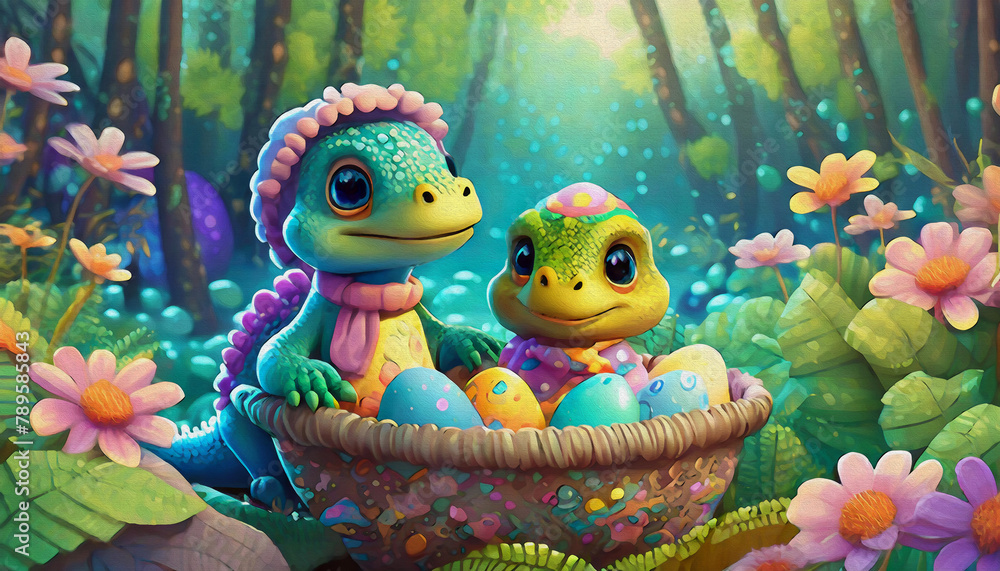 oil painting style cartoon character cute baby dinosaur eggs in a wicker basket and cardboard box, top view