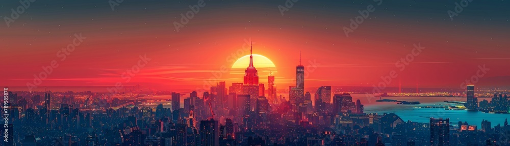 Vibrant and minimal fantasy cityscape low on detail with clean lines against a clear background - obrazy, fototapety, plakaty 