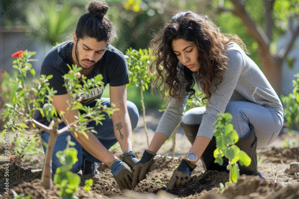 Hispanic Siblings United in Environmentalism: Young Adults Planting Trees in Community Garden