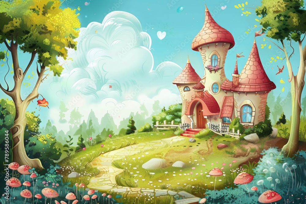 Fairytale castle with pointy turrets above a flower-laden path, setting for royal enchantment tales