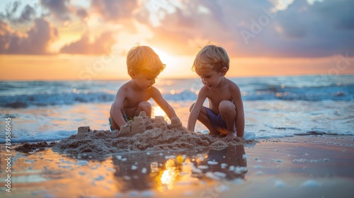 Young Brothers Bonding Over Sandcastle Building at Sunset Beach for National Siblings Day