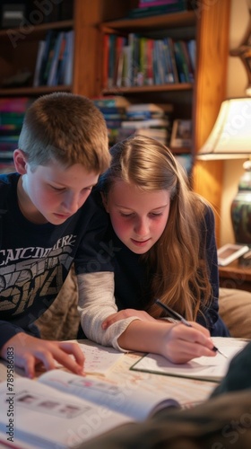 Naklejka Academic Bonding on National Brothers and Sisters Day: Teen Siblings Study in Home Library