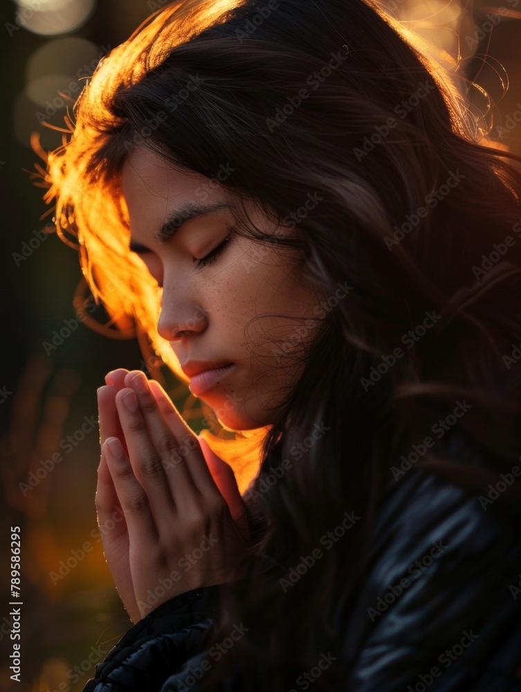 Obraz premium Young Hispanic Woman Praying in Forest at Dusk - National Day of Prayer Serenity