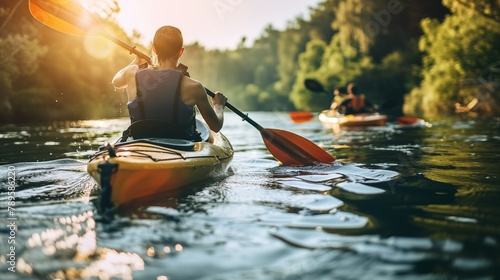 Kayakers explore scenic waterways amidst the natural beauty of surrounding mountains and forests, immersing themselves in the tranquil and picturesque landscape.