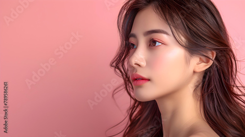Beautiful asian woman face close up with skin care concept. Real beauty. Cosmetic company advertising