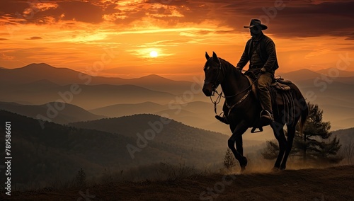 Cowboy riding a horse in the mountains at sunset. 3d rendering