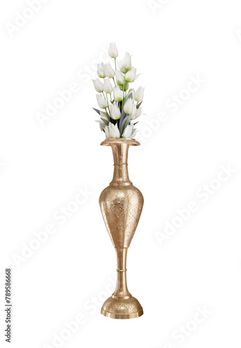 brass flower vase with white flowers isolated on white