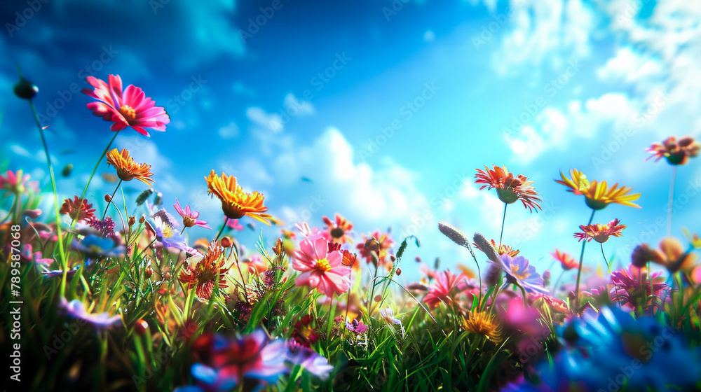 Spring blooming, beautiful meadow full of colorful flower with sunbeams and blue sky Spring blooming, beautiful meadow full of colorful flower with sunbeams and blue sky