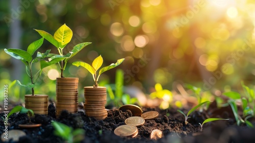 Coins and plants are grown on a pile of coins for finance and banking. The idea of saving money and increasing finances