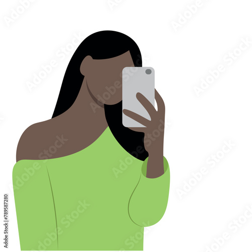 Portrait of a black girl with a phone in her hand, selfie, isolate on white, faceless illustration, flat, handmade
