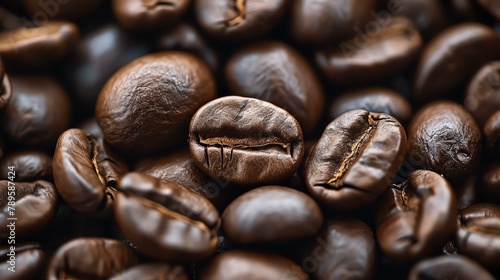 Close-up of roasted coffee beans. Dark brown and oily, the beans are roasted to perfection.
