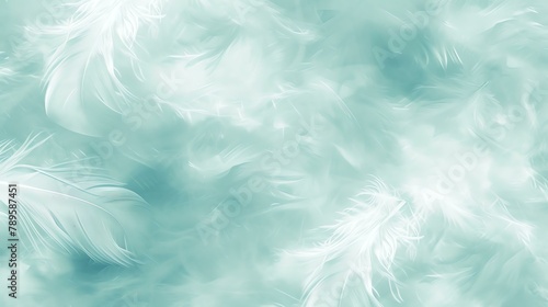 Delicate white feathers floating against a pale green background.