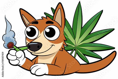 Craft a humorous cartoon illustration depicting a Dog smoking a cannabis cigarette against a pristine white background.